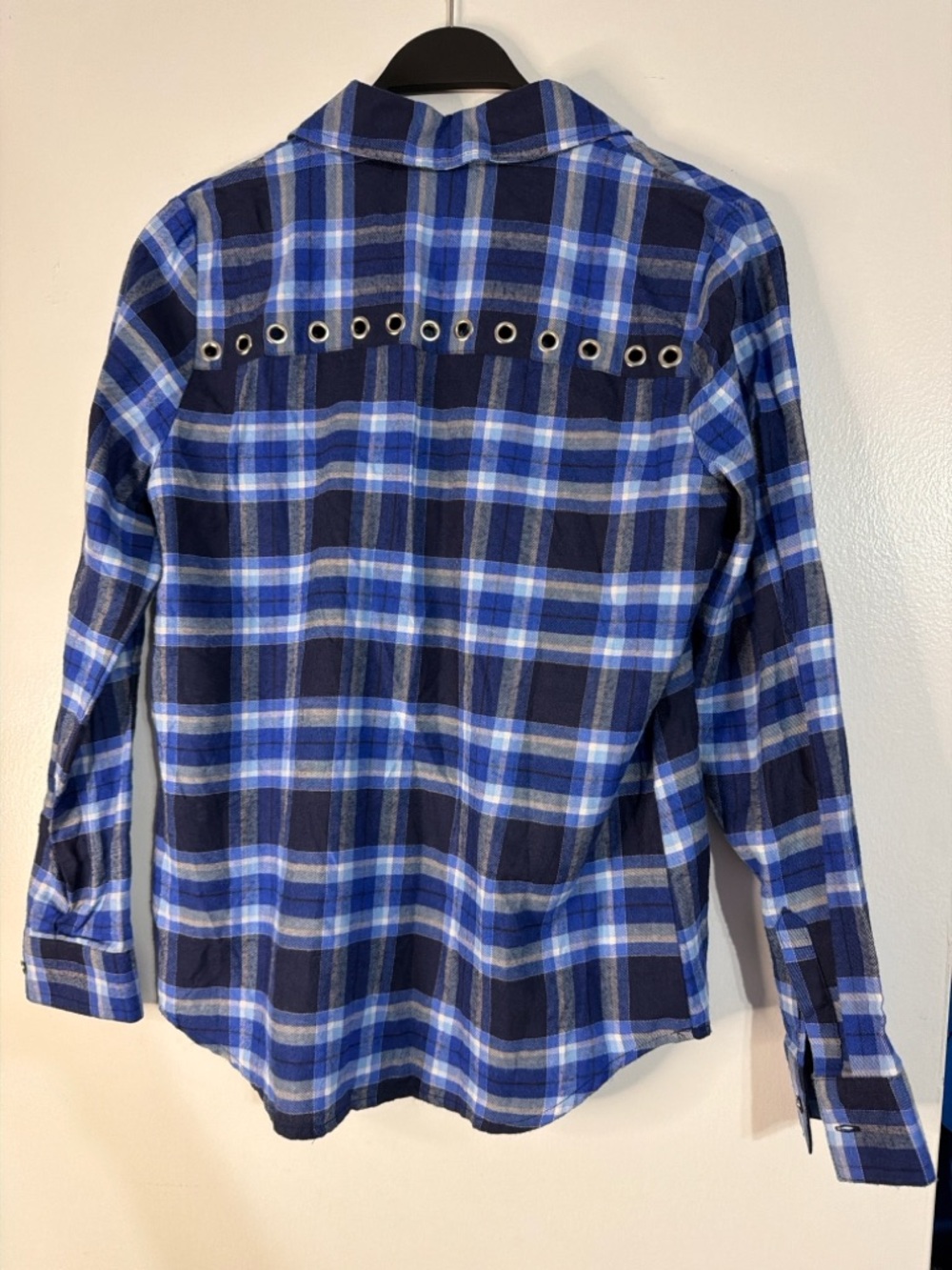 Michael Kors Blue Plaid Eyelet-Trim Button Down Shirt - Picture 3 of 4